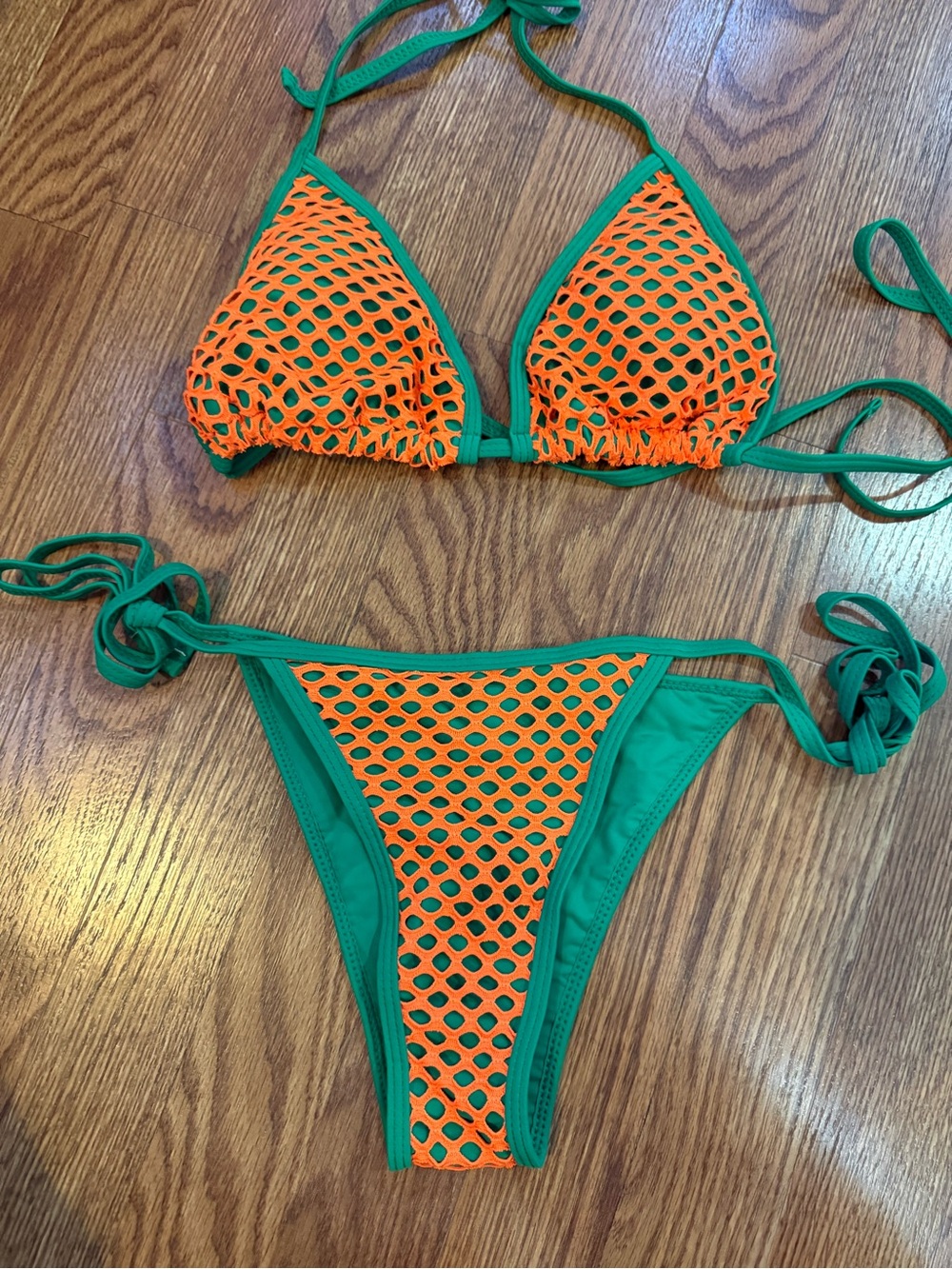 Green & Orange Mesh Triangle Bikini Set